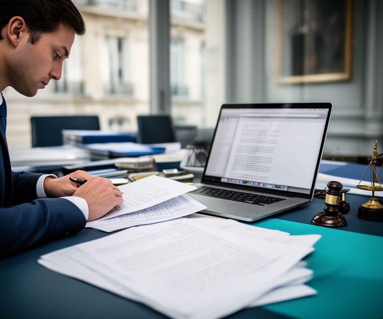 Avocate reviewing annotated manuscript pages beside a laptop in a Paris legal office