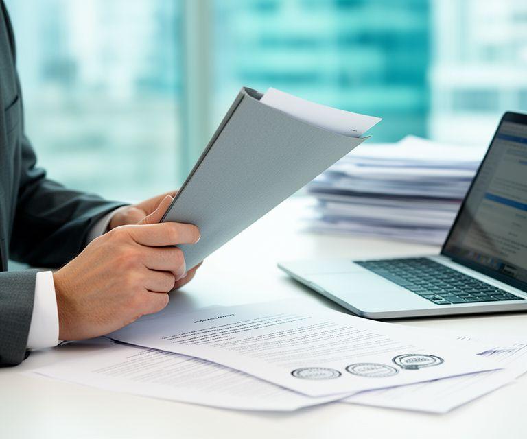 Lawyer reviewing a publishing agreement in a bright Paris office with annotated pages and a laptop