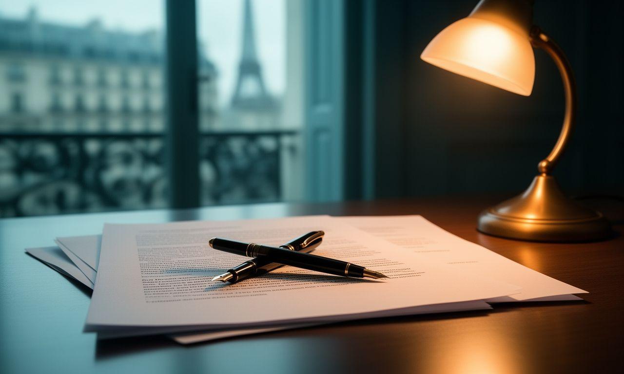 Legal documents and a fountain pen arranged on a calm Paris desk beside a warm desk lamp