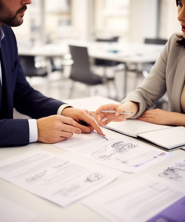 Lawyer and editor discussing copyright annotations at a conference table in a bright Paris studio