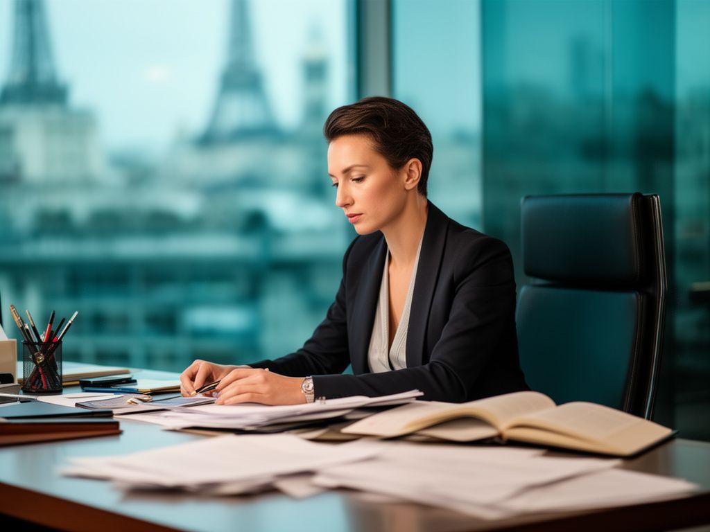 Avocate préparant un dossier de contentieux dans un bureau parisien moderne avec notes juridiques et livres ouverts